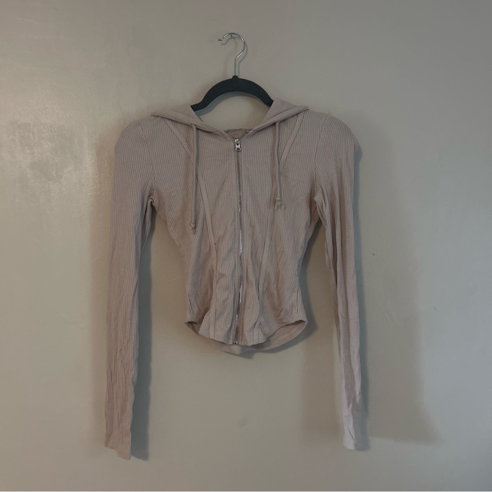 Zip-Front Ribbed Hoodie in Beige - Women's